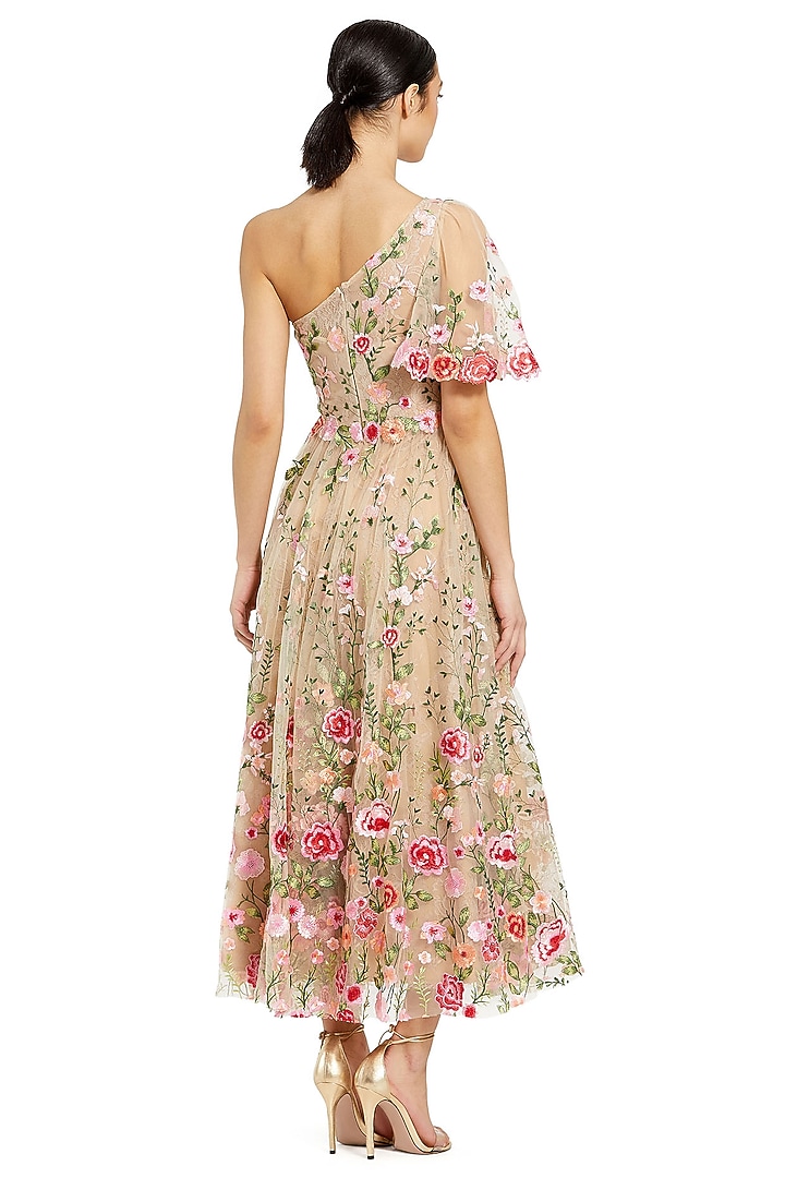 Pink Mesh Floral Embroidered One-Shoulder Midi Party Wear Dress by Mac Duggal at Pernia's Pop Up Shop