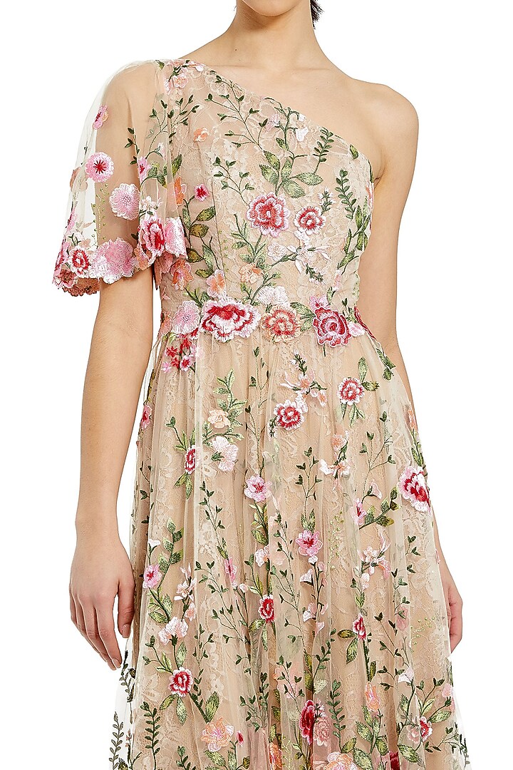 Pink Mesh Floral Embroidered One-Shoulder Midi Party Wear Dress by Mac Duggal at Pernia's Pop Up Shop