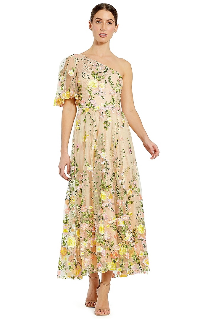 Yellow Mesh Floral Embroidered One-Shoulder Midi Party Wear Dress by Mac Duggal at Pernia's Pop Up Shop