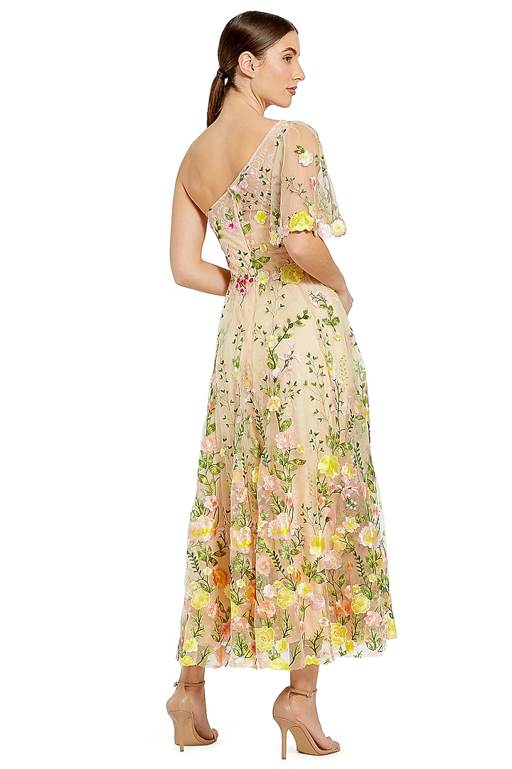 Yellow Mesh Floral Embroidered One-Shoulder Midi Party Wear Dress by Mac Duggal at Pernia's Pop Up Shop