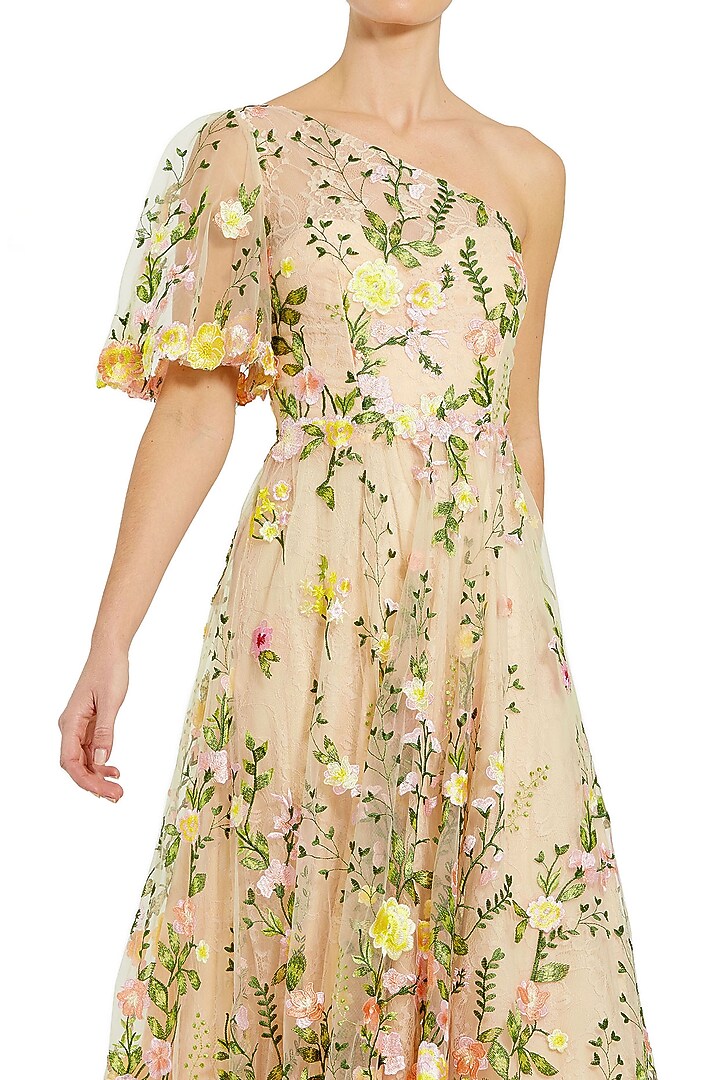 Yellow Mesh Floral Embroidered One-Shoulder Midi Party Wear Dress by Mac Duggal at Pernia's Pop Up Shop