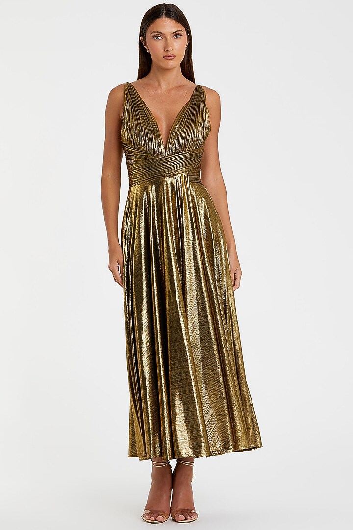 Antique Gold Metallic Jersey Party Wear Dress by Mac Duggal at Pernia's Pop Up Shop
