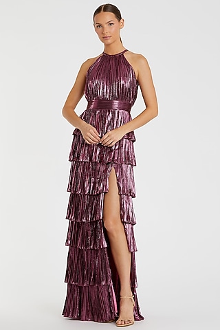 Rose Red Metallic Jersey Tiered Ruffled Gown by Mac Duggal