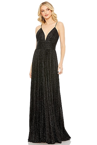 Black Metallic Jersey A-Line Pleated Gown by Mac Duggal