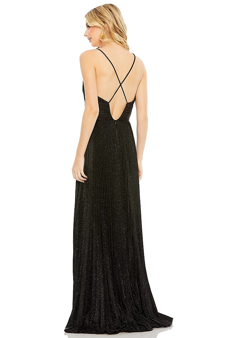 Black Metallic Jersey A-Line Pleated Engagement Gown by Mac Duggal at Pernia's Pop Up Shop