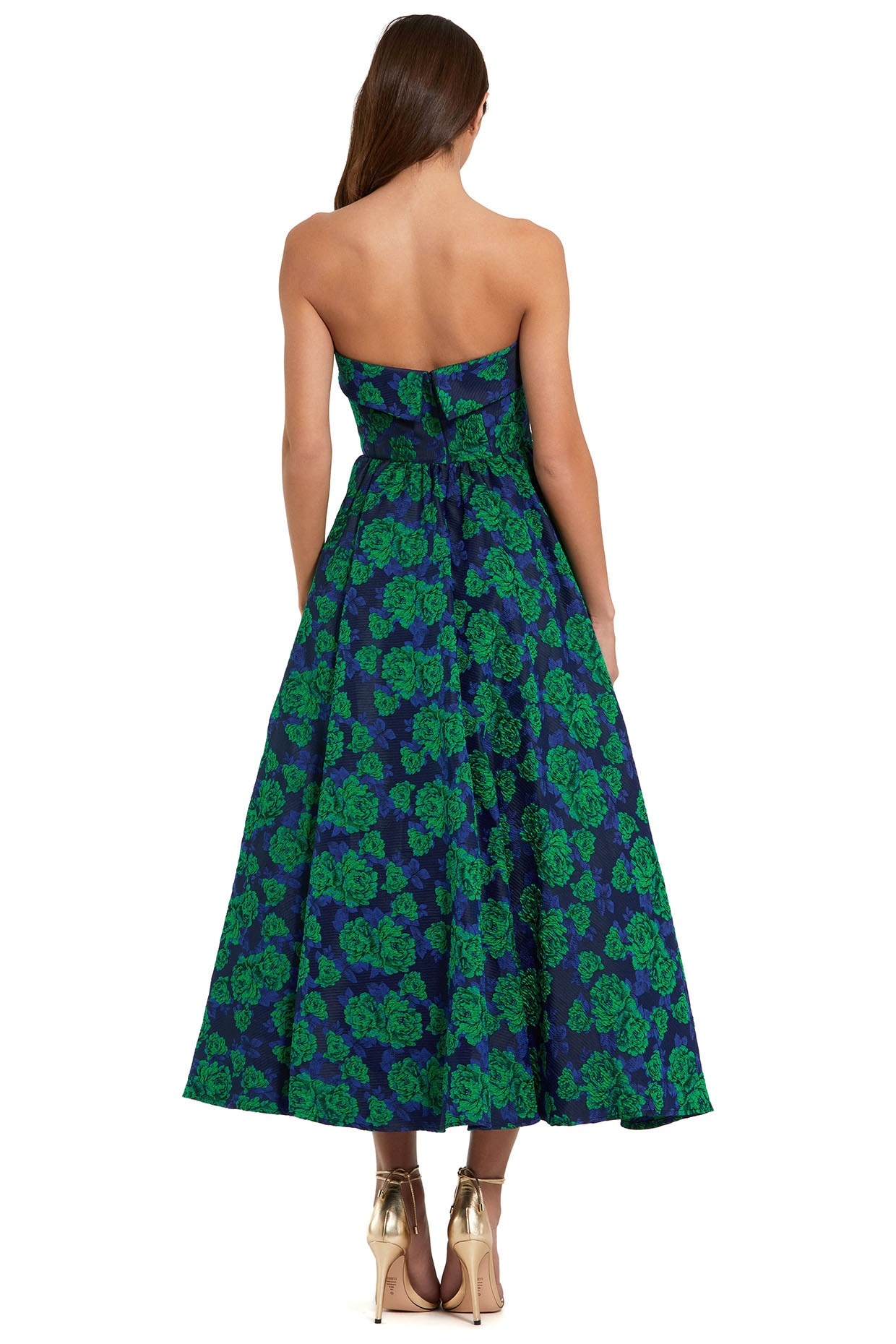Emerald Green Brocade A-Line Strapless Midi Dress by Mac
