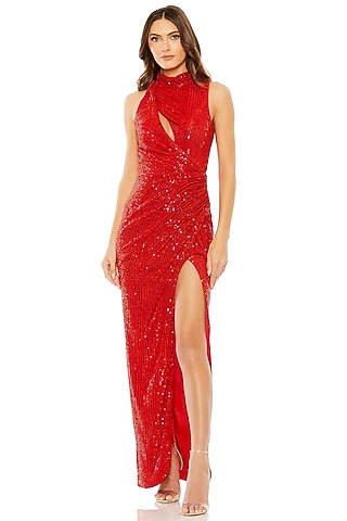 Red Sequins Fabric Gown by Mac Duggal
