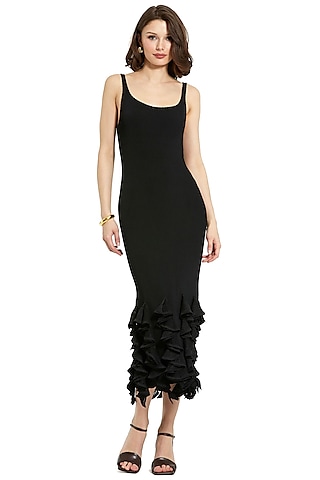 Black Polyester Ribbed Midi Dress by Mac Duggal