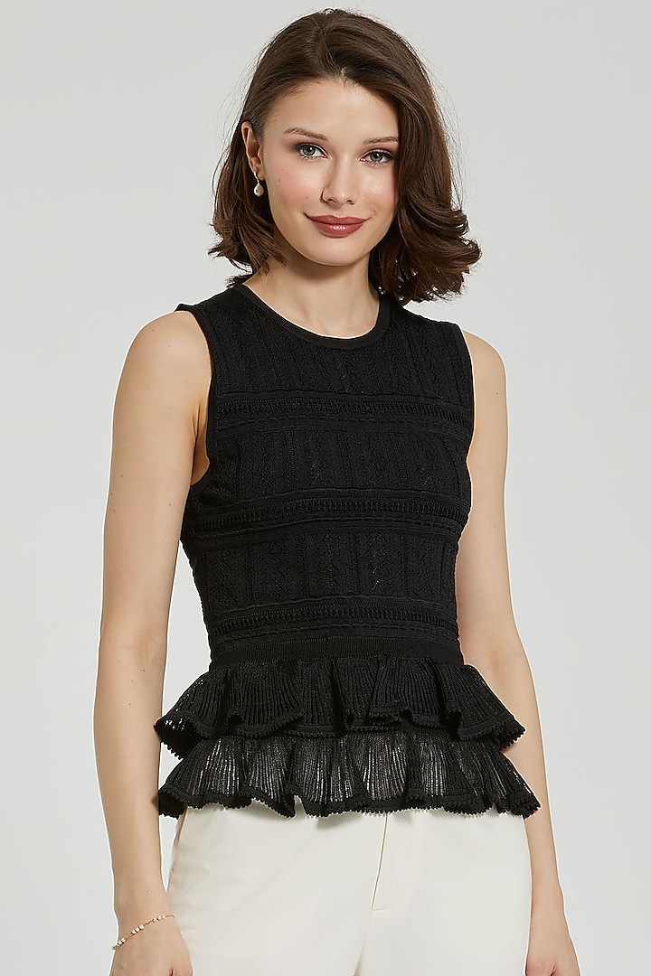 Black Knit Ruffled High-Neck Top by Mac Duggal at Pernia's Pop Up Shop