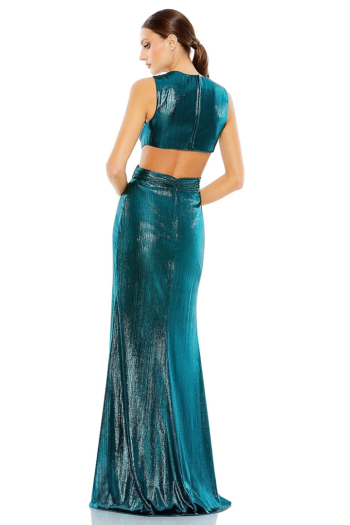 Teal Blue Metallic Stretch Engagement Gown by Mac Duggal at Pernia's Pop Up Shop