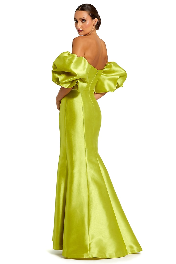 Chartreuse Green Satin Off-Shoulder Engagement Gown by Mac Duggal at Pernia's Pop Up Shop