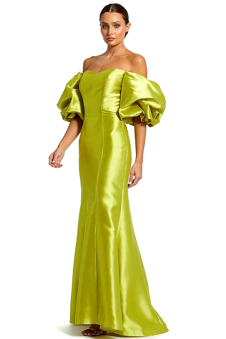 Chartreuse Green Satin Off-Shoulder Engagement Gown by Mac Duggal at Pernia's Pop Up Shop