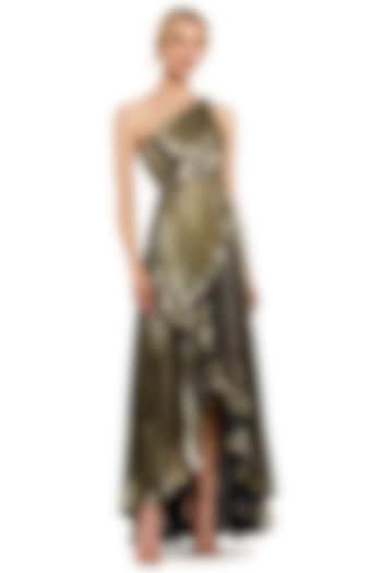 Gold Metallic One-Shoulder High-Low Engagement Gown by Mac Duggal at Pernia's Pop Up Shop