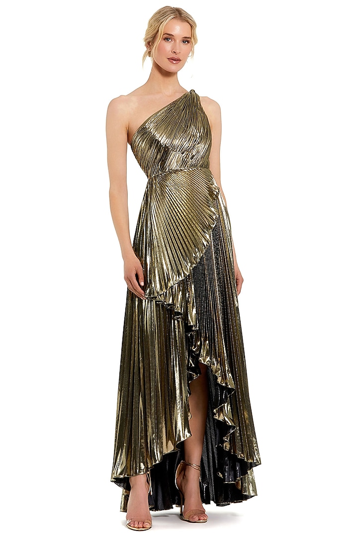 Gold Metallic One-Shoulder High-Low Engagement Gown by Mac Duggal at Pernia's Pop Up Shop