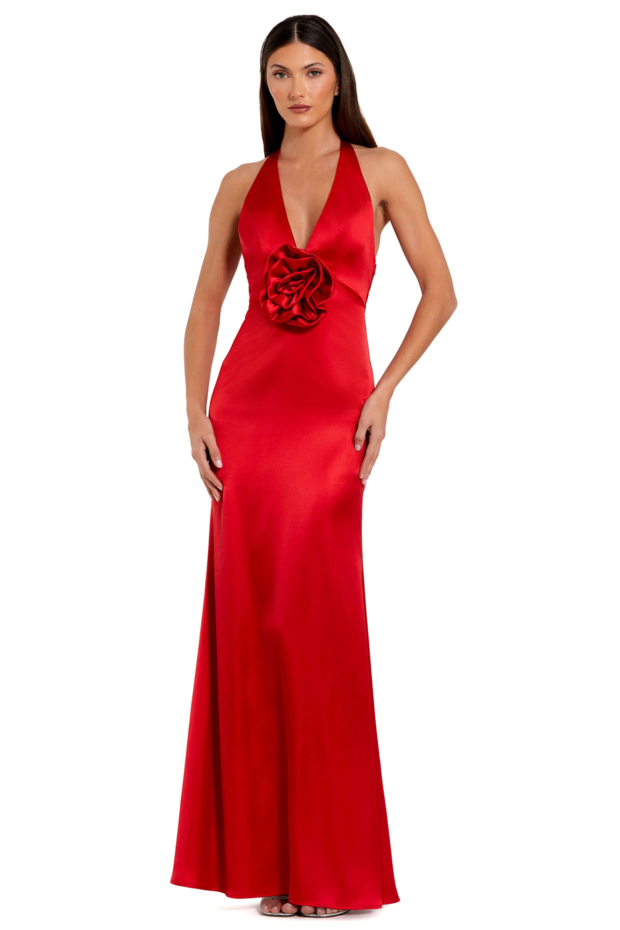 Red Satin 3D Floral Halter Engagement Gown by Mac Duggal at Pernia's Pop Up Shop