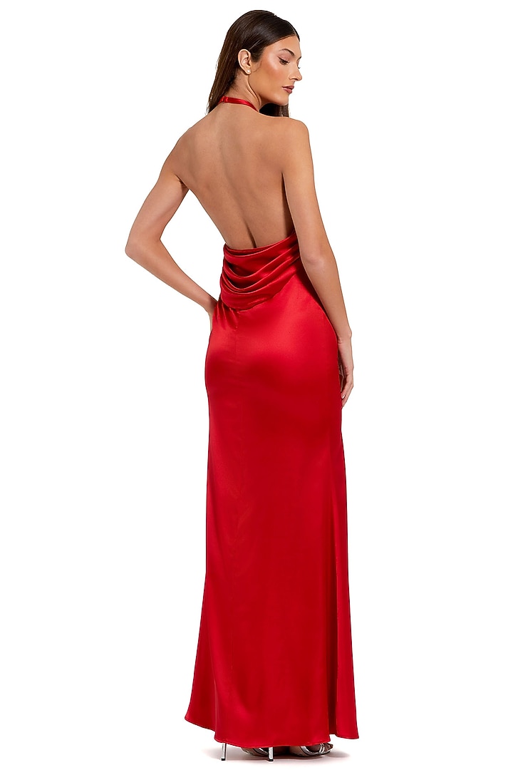 Red Satin 3D Floral Halter Engagement Gown by Mac Duggal at Pernia's Pop Up Shop