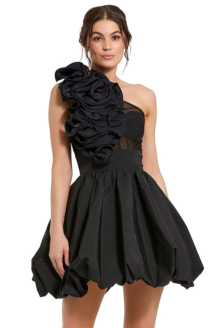Black Polyester Floral One-Shoulder Mini Cocktail Dress by Mac Duggal at Pernia's Pop Up Shop