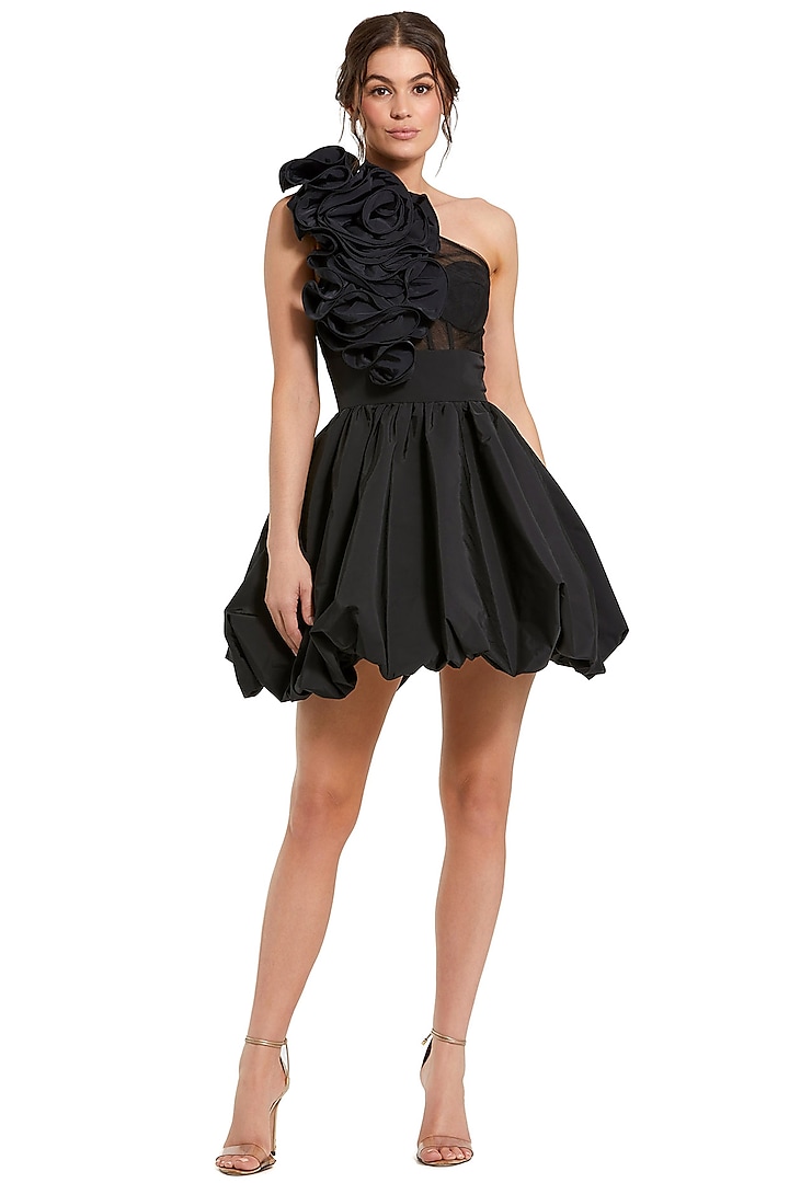 Black Polyester Floral One-Shoulder Mini Cocktail Dress by Mac Duggal at Pernia's Pop Up Shop