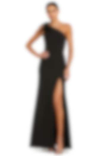 Black Crepe One-Shoulder Engagement Gown by Mac Duggal at Pernia's Pop Up Shop