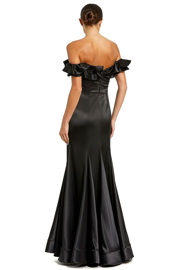 Black Satin Ruffled One-Shoulder Engagement Gown by Mac Duggal at Pernia's Pop Up Shop