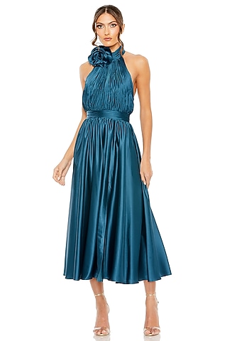 Ocean Blue Charmeuse Floral Midi Dress by Mac Duggal