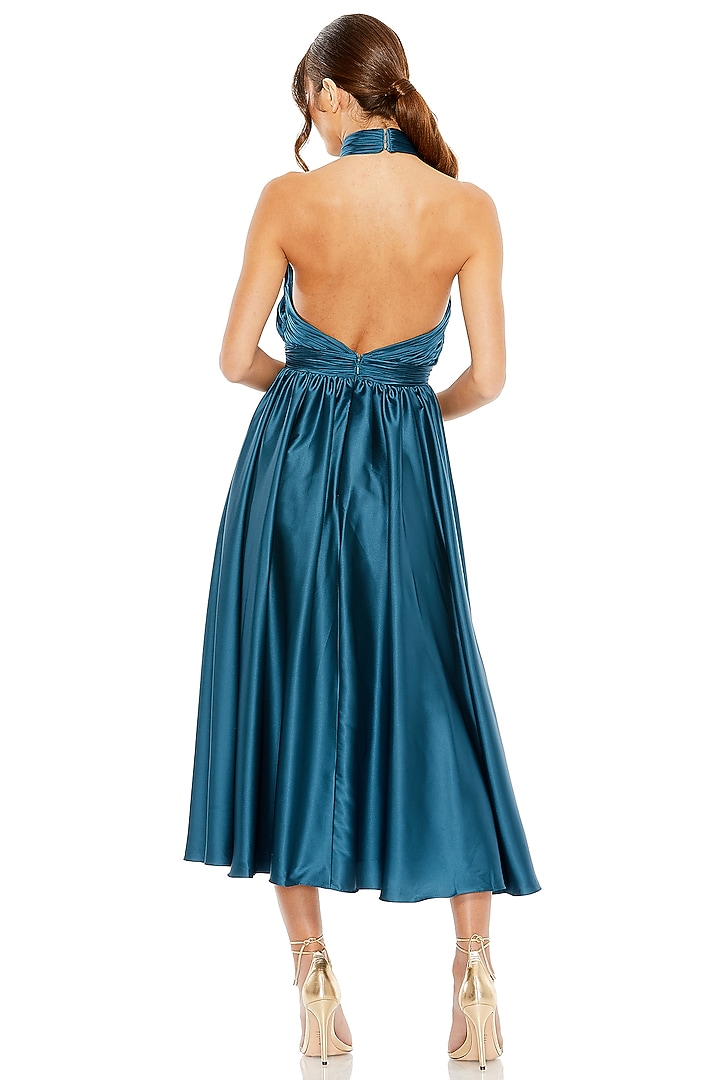 Ocean Blue Charmeuse Floral Midi Cocktail Dress by Mac Duggal at Pernia's Pop Up Shop