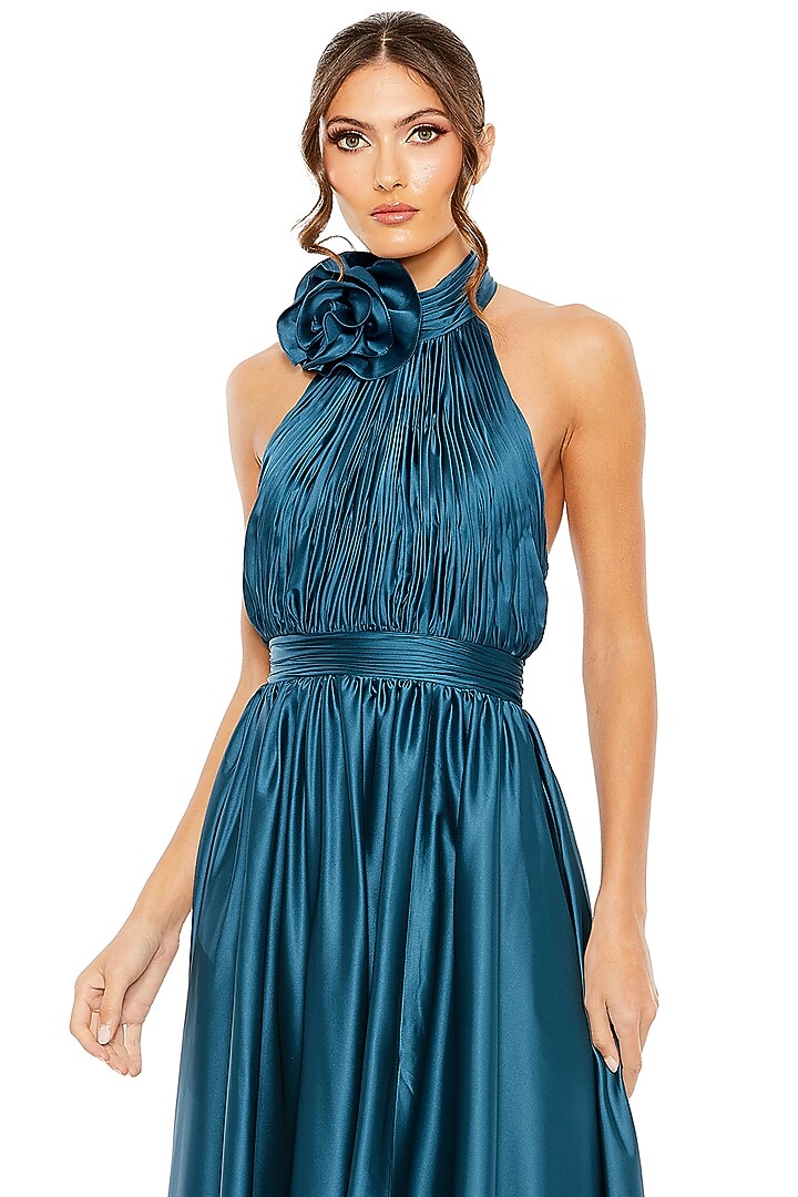 Ocean Blue Charmeuse Floral Midi Cocktail Dress by Mac Duggal at Pernia's Pop Up Shop