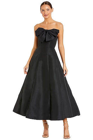 Black Polyester A-Line Midi Dress by Mac Duggal