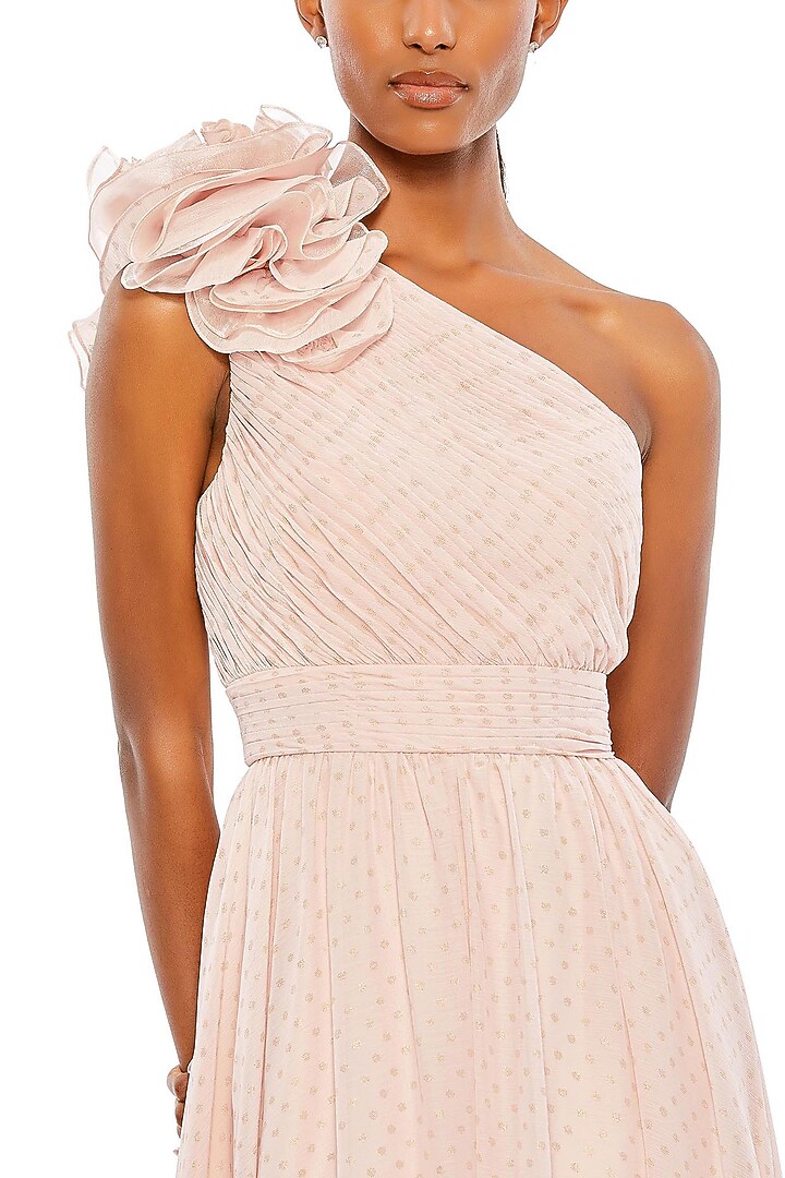 Porcelain White Fluid Chiffon Polka Dot One-Shoulder Engagement Gown by Mac Duggal at Pernia's Pop Up Shop
