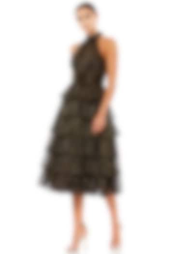 Black & Gold Chiffon Polka Dot Printed Layered Ruffled Midi Dress by Mac Duggal at Pernia's Pop Up Shop