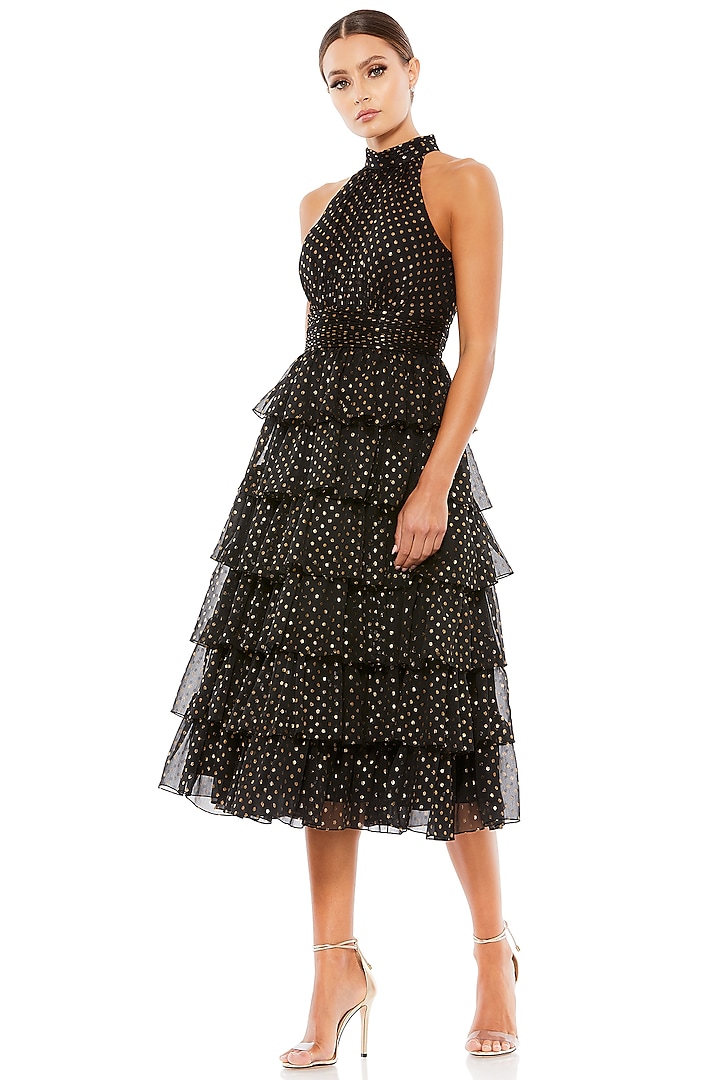 Black & Gold Chiffon Polka Dot Printed Layered Ruffled Midi Dress by Mac Duggal at Pernia's Pop Up Shop