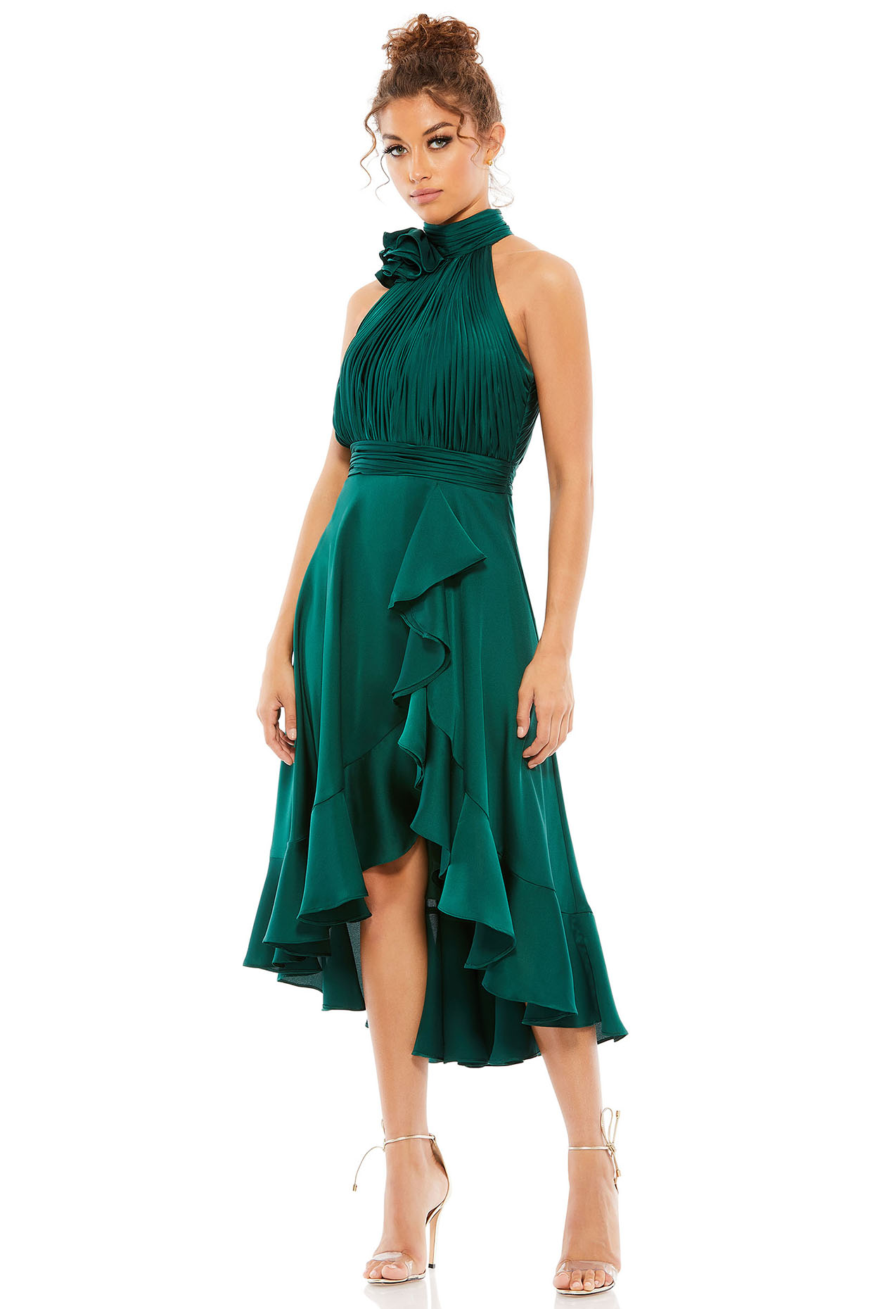 Emerald Green Polyester Halter Midi Cocktail Dress by Mac Duggal at Pernia's Pop Up Shop