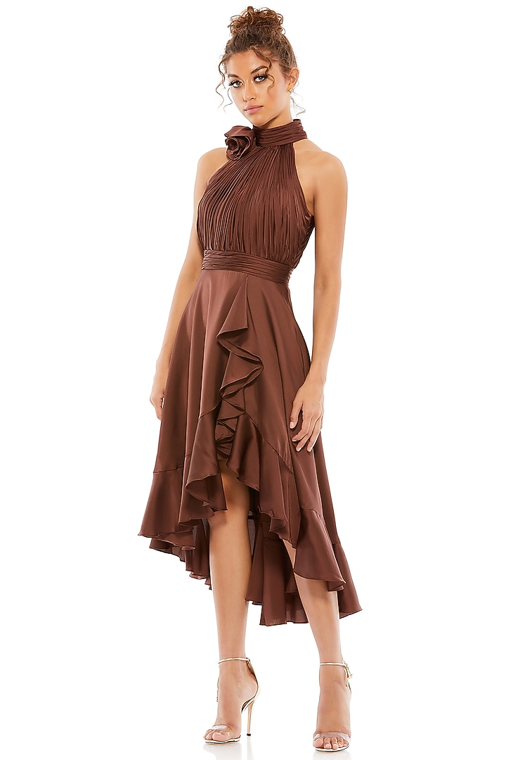 Chocolate Brown Polyester Halter Midi Cocktail Dress by Mac Duggal at Pernia's Pop Up Shop