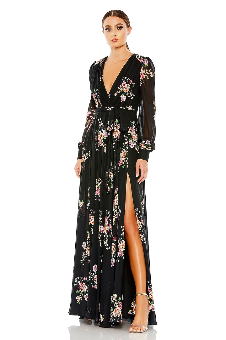 Black Polyester Floral Engagement Gown by Mac Duggal at Pernia's Pop Up Shop
