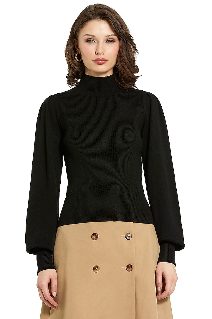 Black Knit Ribbed Turtleneck Top by Mac Duggal at Pernia's Pop Up Shop