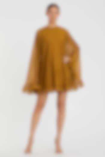 Antique Gold Polyester Cape Mini Cocktail Dress by Mac Duggal at Pernia's Pop Up Shop