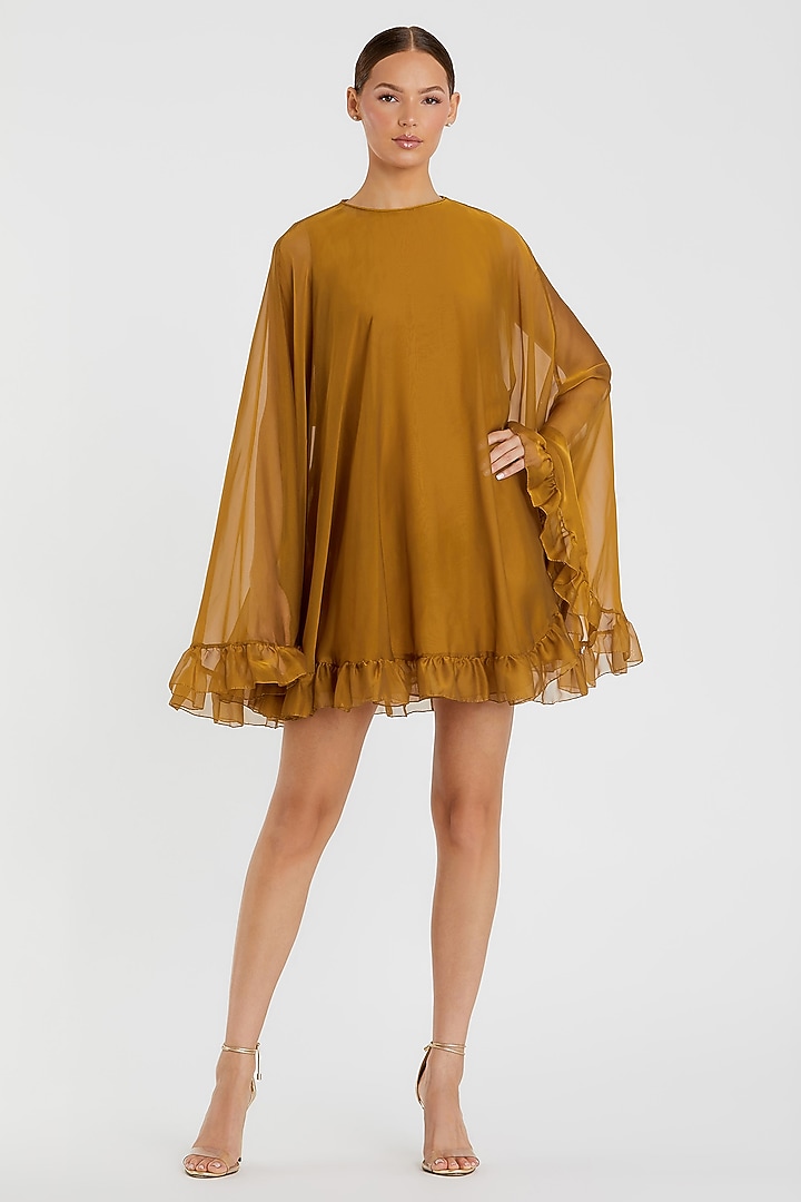 Antique Gold Polyester Cape Mini Cocktail Dress by Mac Duggal at Pernia's Pop Up Shop