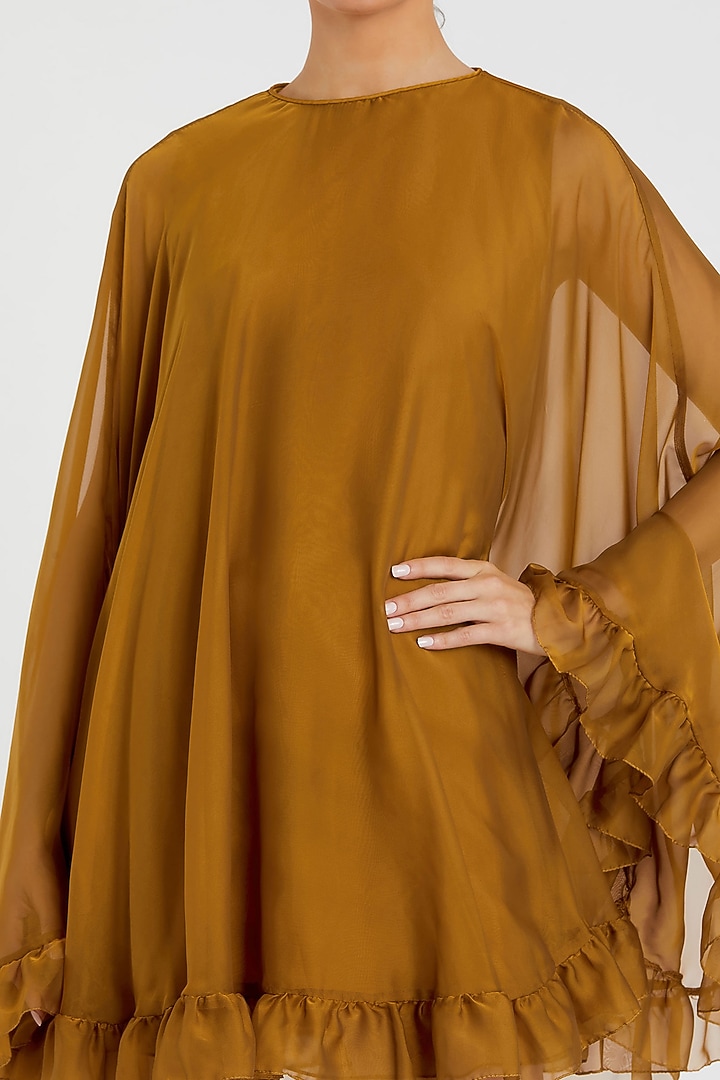 Antique Gold Polyester Cape Mini Cocktail Dress by Mac Duggal at Pernia's Pop Up Shop