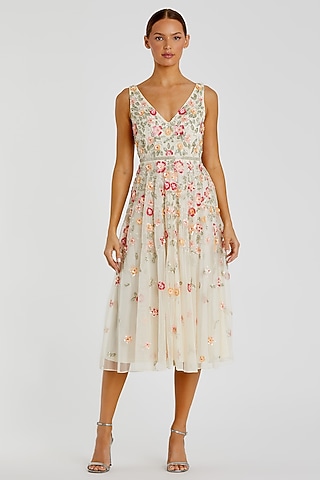 Nude Multi-Colored Polyester Floral Sequins Embroidered Midi Dress by Mac Duggal