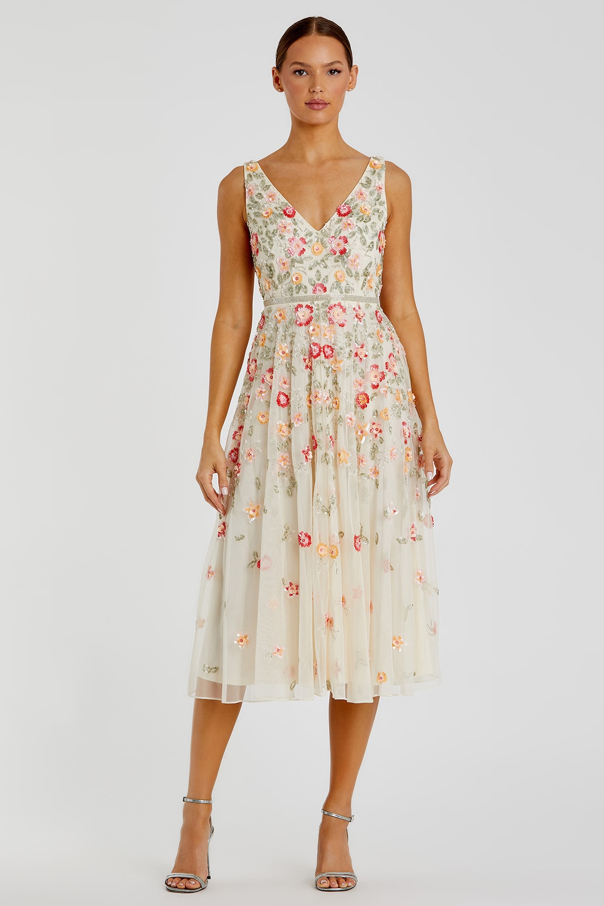 mac duggal embroidered floral midi dress Mac Duggal Black Floral Embroidered Tea Length Dress - Black Multi main image 1