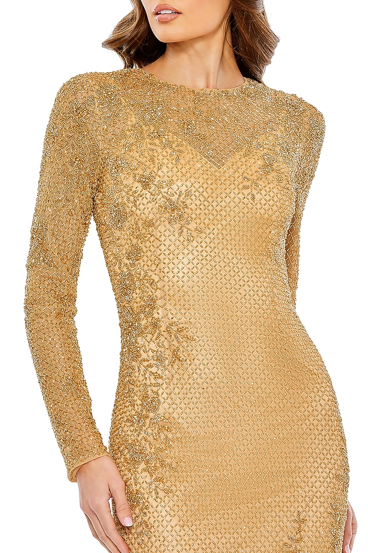 Gold Polyester Floral Embellished Engagement Gown by Mac Duggal at Pernia's Pop Up Shop