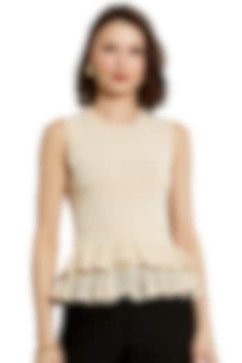 Oat-Colored Knit Ruffled High-Neck Top by Mac Duggal at Pernia's Pop Up Shop