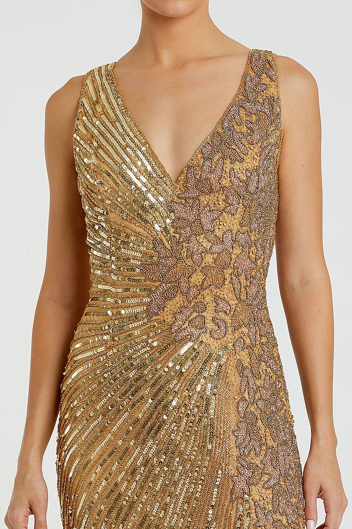 Gold Polyester Sequins & Bead Embroidered Engagement Gown by Mac Duggal at Pernia's Pop Up Shop