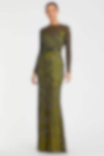 Olive Green Polyester Sequins & Bead Work Gown by Mac Duggal at Pernia's Pop Up Shop