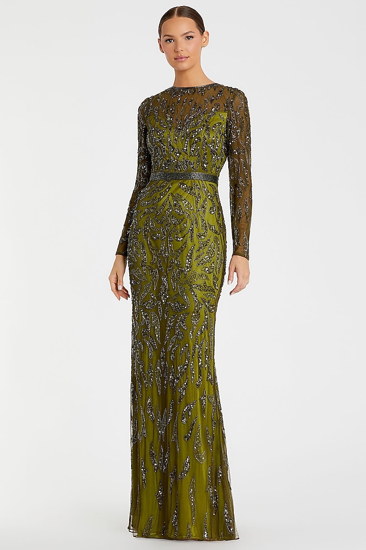 Olive Green Polyester Sequins & Bead Work Gown by Mac Duggal at Pernia's Pop Up Shop