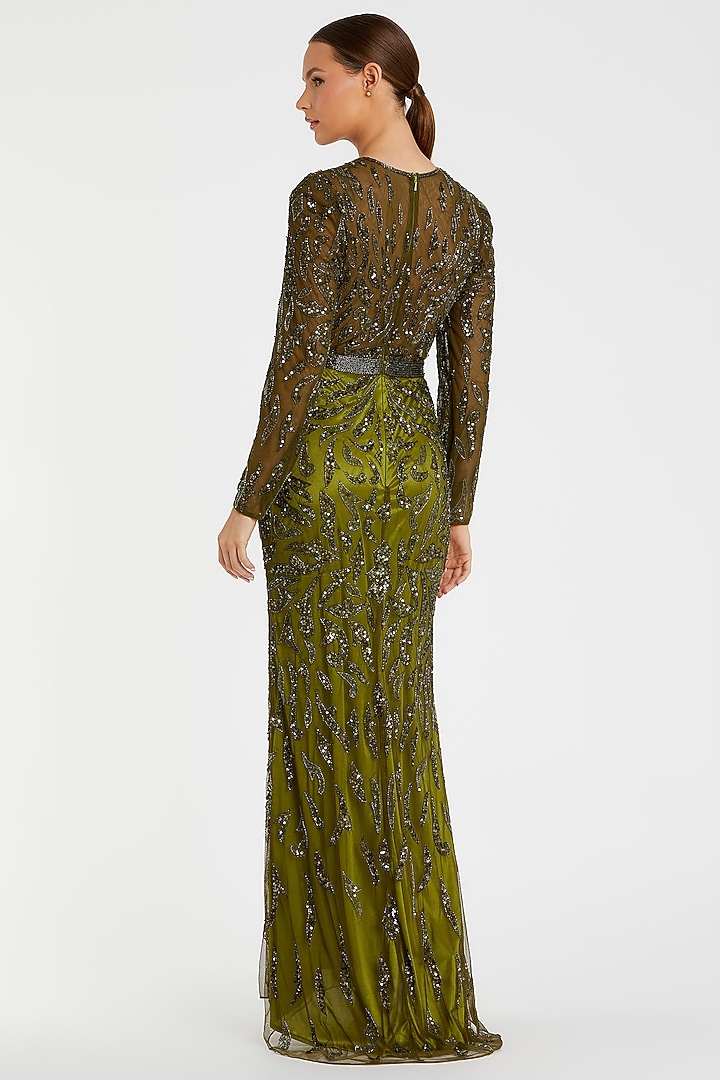 Olive Green Polyester Sequins & Bead Work Engagement Gown by Mac Duggal at Pernia's Pop Up Shop