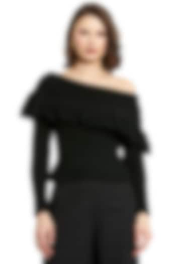 Black Knit Off-Shoulder Sweater by Mac Duggal at Pernia's Pop Up Shop