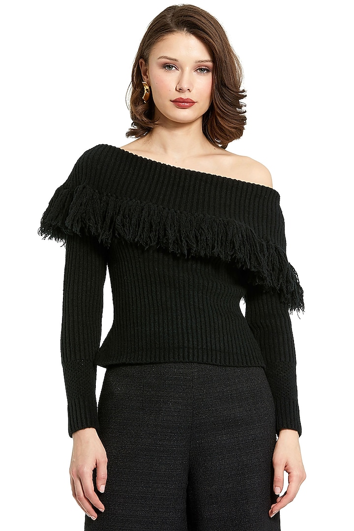 Black Knit Off-Shoulder Sweater by Mac Duggal at Pernia's Pop Up Shop