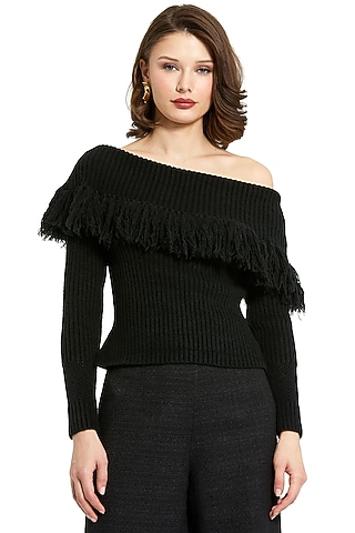 Black Knit Off-Shoulder Sweater by Mac Duggal
