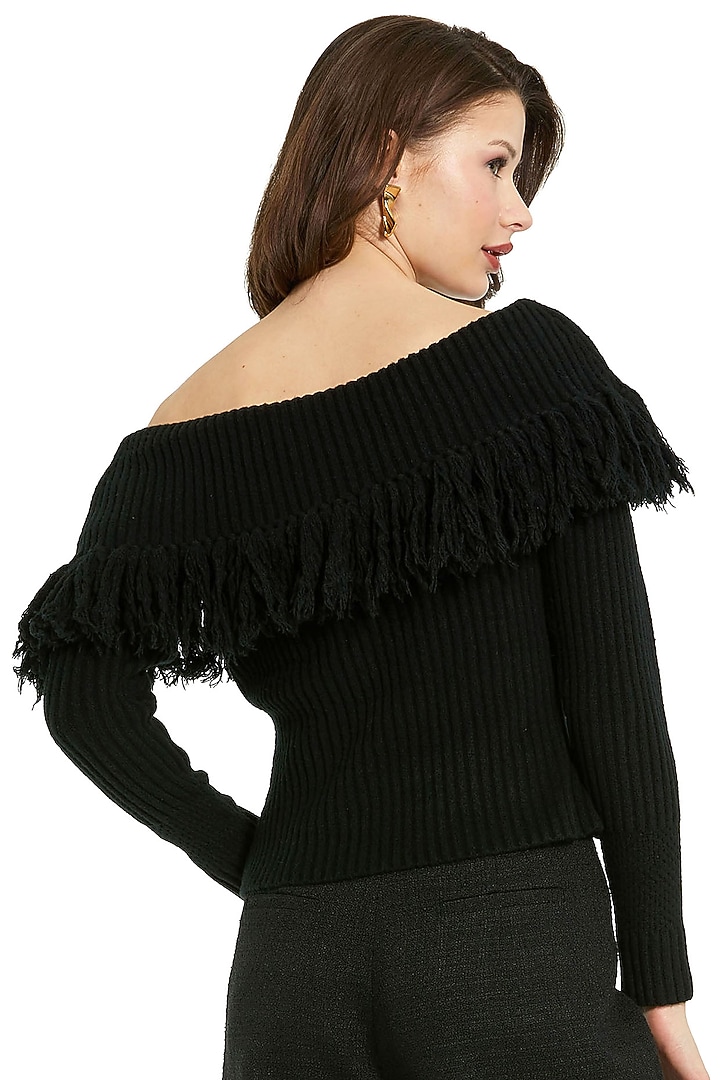 Black Knit Off-Shoulder Sweater by Mac Duggal at Pernia's Pop Up Shop
